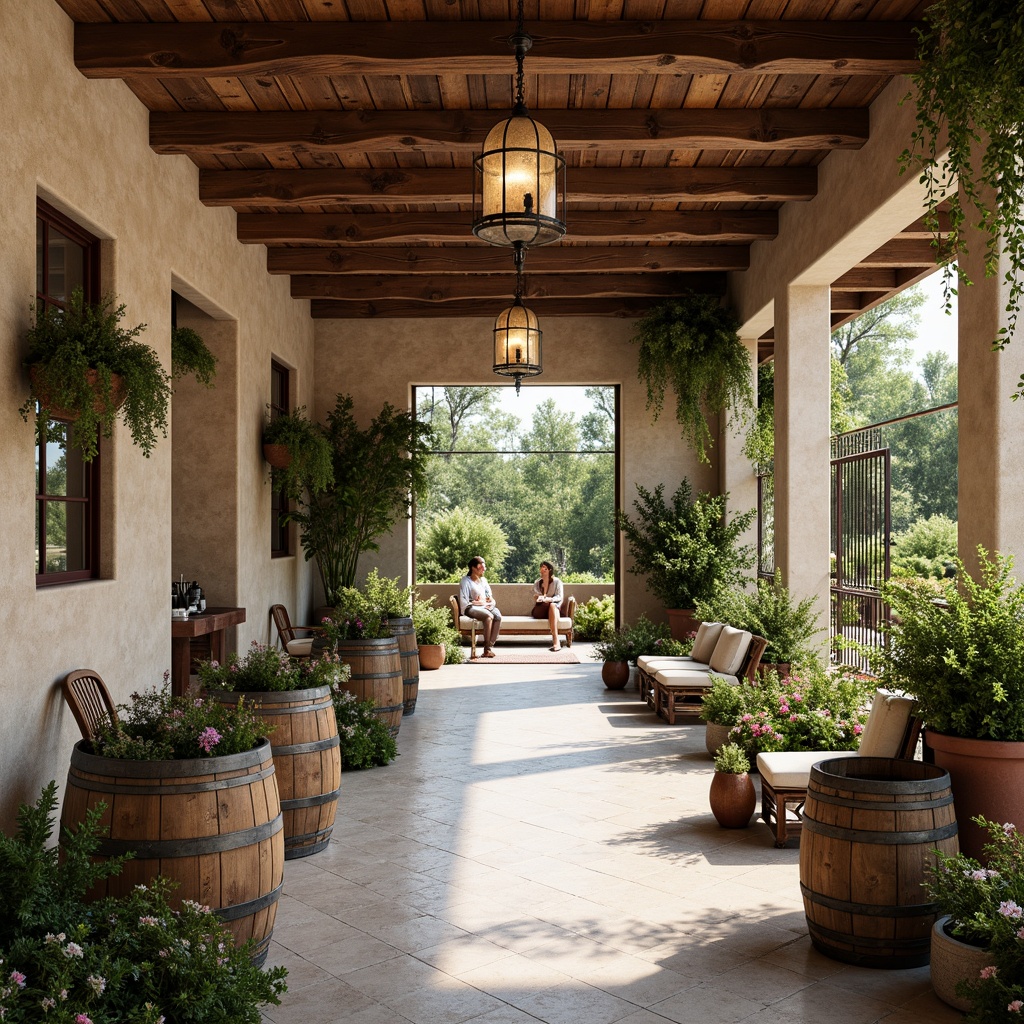 Prompt: Rustic winery, distressed wood accents, vintage metal lanterns, soft warm lighting, natural stone walls, reclaimed wooden barrels, lush greenery, overflowing flower arrangements, ornate wrought iron gates, charming courtyard, wooden trellises, whimsical garden decor, elegant chandeliers, earthy color palette, warm beige tones, creamy whites, soft pastels, 1/1 composition, shallow depth of field, realistic textures, ambient occlusion.