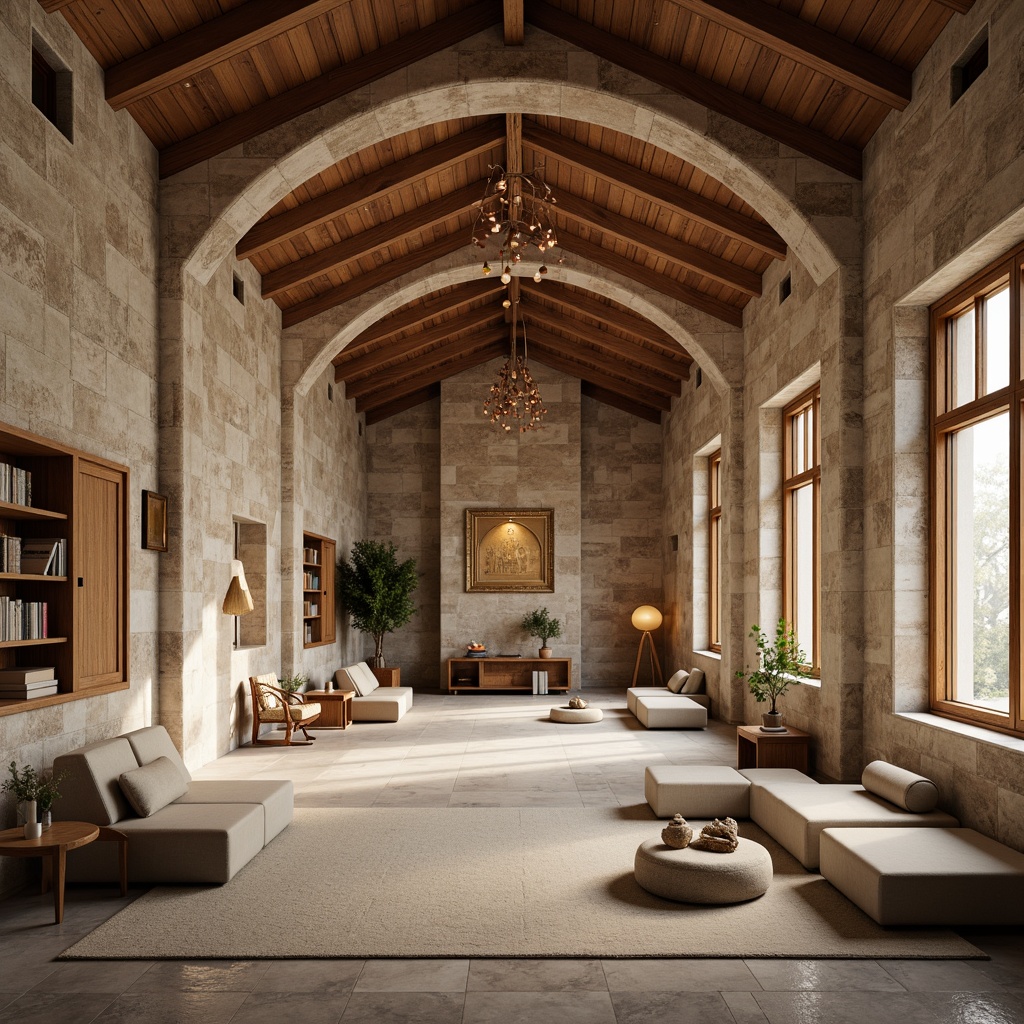 Prompt: Serene monastery interior, natural stone walls, wooden accents, minimalist decor, vaulted ceilings, grand archways, ornate chandeliers, cozy reading nooks, comfortable seating areas, spiritual symbols, soft warm lighting, shallow depth of field, 3/4 composition, panoramic view, realistic textures, ambient occlusion, peaceful atmosphere, calming colors, subtle patterns, elegant furnishings, modern minimalist style, sleek lines, simple shapes, functional design, natural materials, earthy tones.