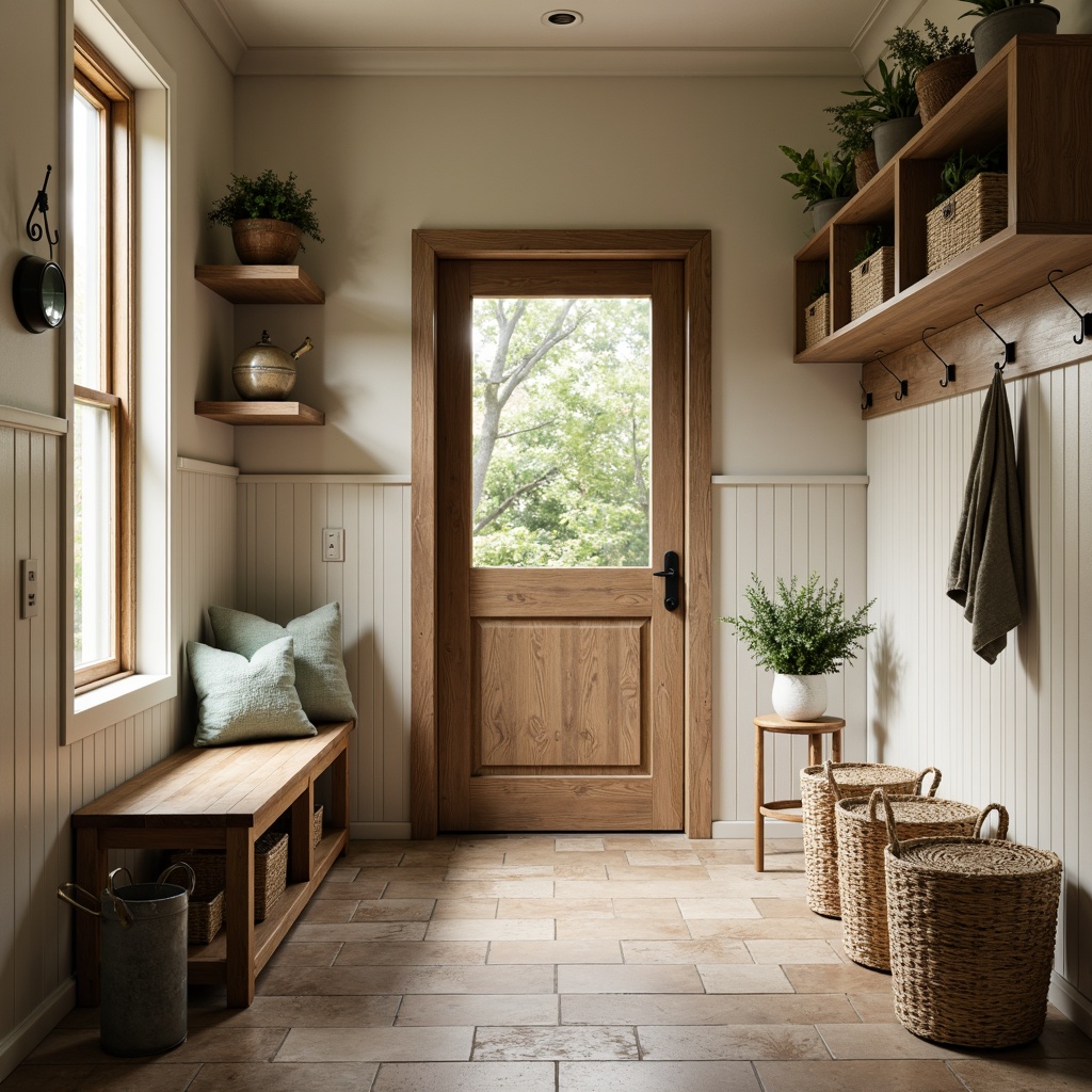 Prompt: Cozy mudroom, rustic wooden benches, woven baskets, natural stone flooring, earthy color scheme, warm beige tones, soft sage greens, weathered wood accents, industrial metal hooks, functional shelving units, modern farmhouse style, ample natural light, soft warm lighting, shallow depth of field, 3/4 composition, realistic textures, ambient occlusion.