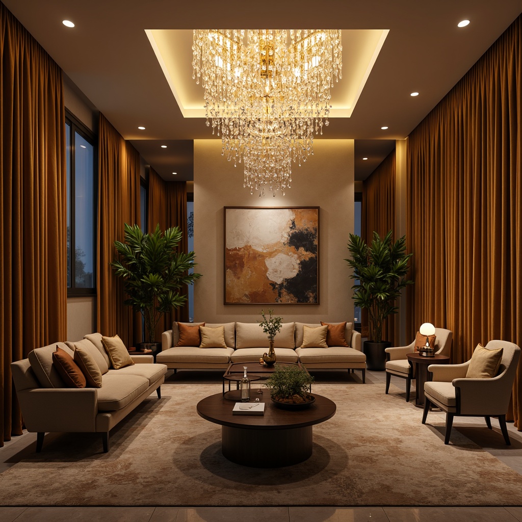 Prompt: Elegant living room, modern chandelier, crystal droplets, warm golden lighting, luxurious furniture, velvet drapes, marble flooring, abstract artwork, stylish coffee table, sophisticated ambiance, soft warm glow, dimmable LED lights, 3/4 composition, realistic textures, ambient occlusion.