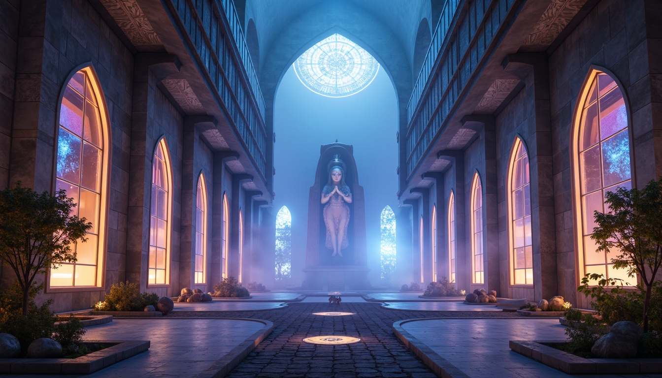 Prompt: Ethereal monastery, mystical atmosphere, soft luminescent glow, iridescent blues, auroral violets, misty whites, metallic silvers, ancient stone walls, futuristic neon accents, holographic glass panels, cyberpunk-inspired archways, sacred geometric patterns, ambient fog effects, warm golden lighting, shallow depth of field, 1/2 composition, cinematic view, realistic reflections, subtle lens flares.