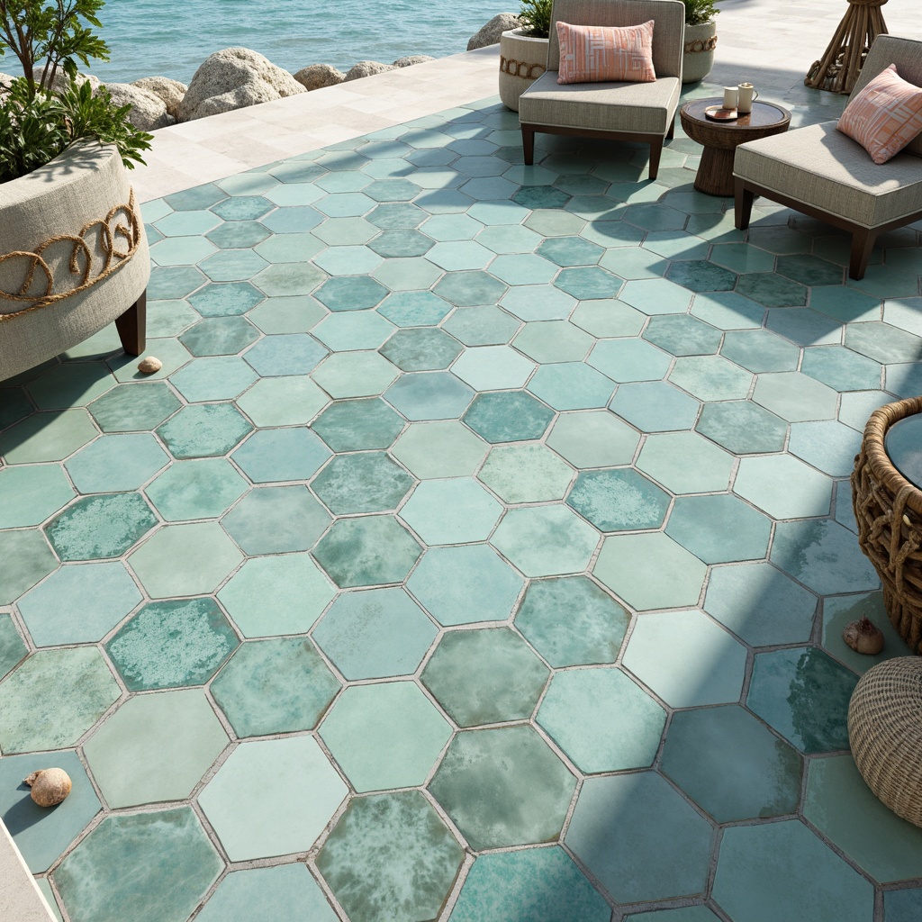 Prompt: Coastal vibe, ocean-inspired tile patterns, soft blue-green hues, wave-like shapes, natural stone textures, ceramic materials, glossy finishes, hexagonal mosaics, subtle gradient effects, beachy atmosphere, seaside cottage feel, distressed wood accents, driftwood decor, nautical rope details, coral-inspired motifs, sea glass colors, shells and pebbles, sunny day lighting, soft focus, shallow depth of field, 1/2 composition, realistic textures, ambient occlusion.