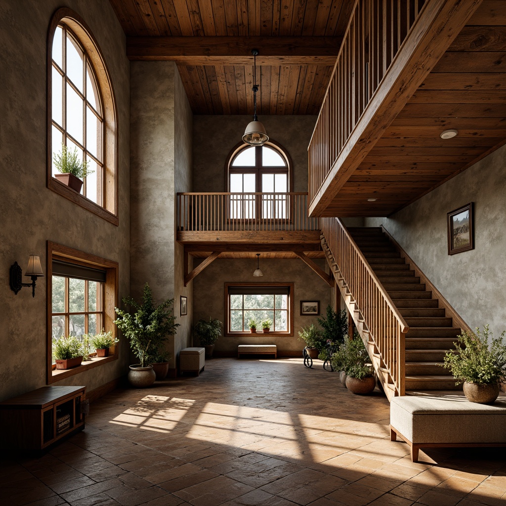 Prompt: Rustic hall interior, wooden accents, distressed finishes, vintage decor, earthy color palette, natural stone walls, reclaimed wood flooring, ornate chandeliers, grand staircases, classical archways, rich textiles, warm ambient lighting, shallow depth of field, 1/1 composition, realistic textures, ambient occlusion.