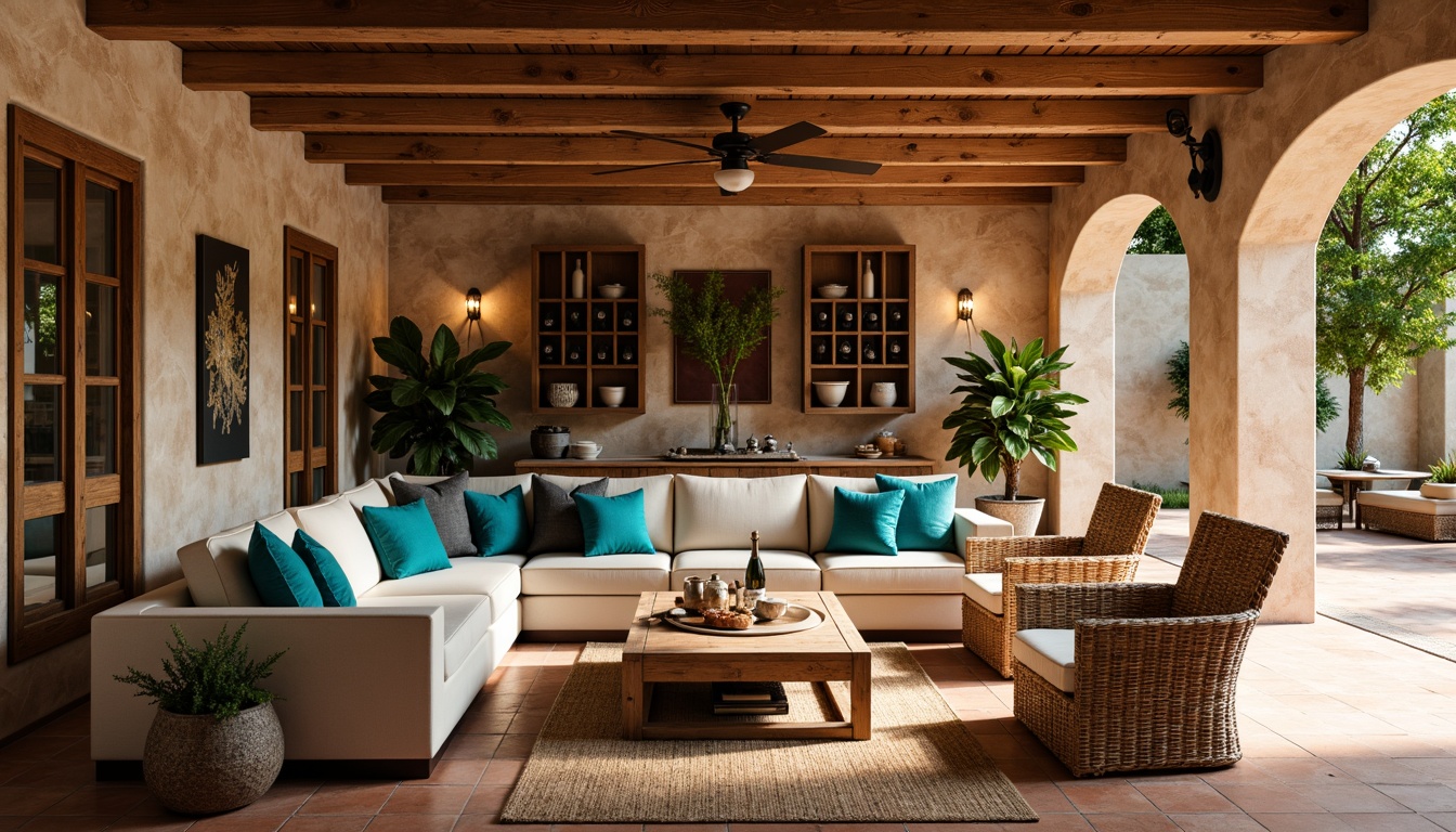 Prompt: Warm Mediterranean-style basement, rustic stone walls, earthy terracotta floors, cozy ambient lighting, plush sectional sofas, distressed wood coffee tables, woven rattan armchairs, vibrant turquoise accents, natural fiber rugs, wooden ceiling beams, soft warm color palette, relaxed atmosphere, intimate seating areas, built-in wine racks, decorative ceramics, ornate metal lanterns, lush greenery, sunny day, shallow depth of field, 3/4 composition, realistic textures, ambient occlusion.