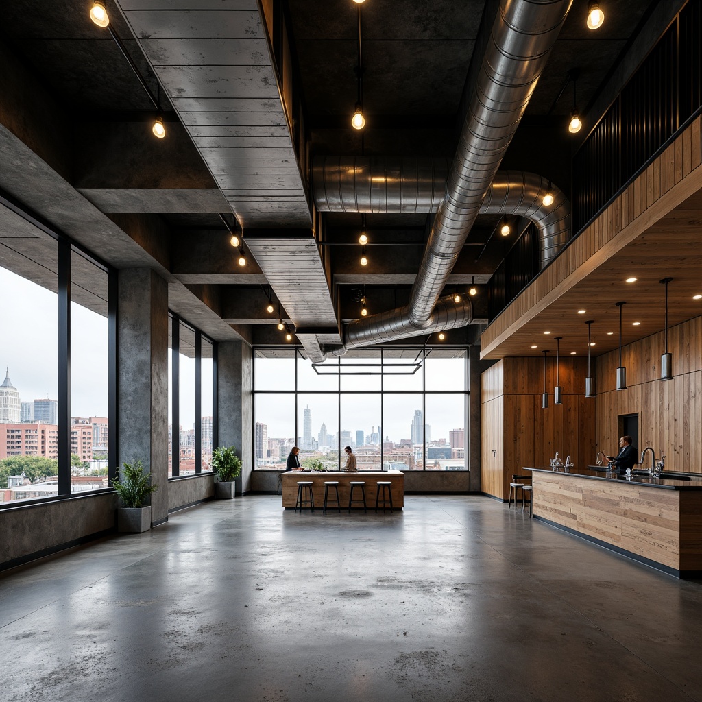 Prompt: Exposed ductwork, polished concrete floors, industrial metal beams, reclaimed wood accents, modern minimalist decor, urban cityscape views, floor-to-ceiling windows, rustic metal lighting fixtures, pendant lamps, edison bulbs, warm ambient glow, softbox lighting, 1/2 composition, low-angle shot, realistic textures, atmospheric fog.