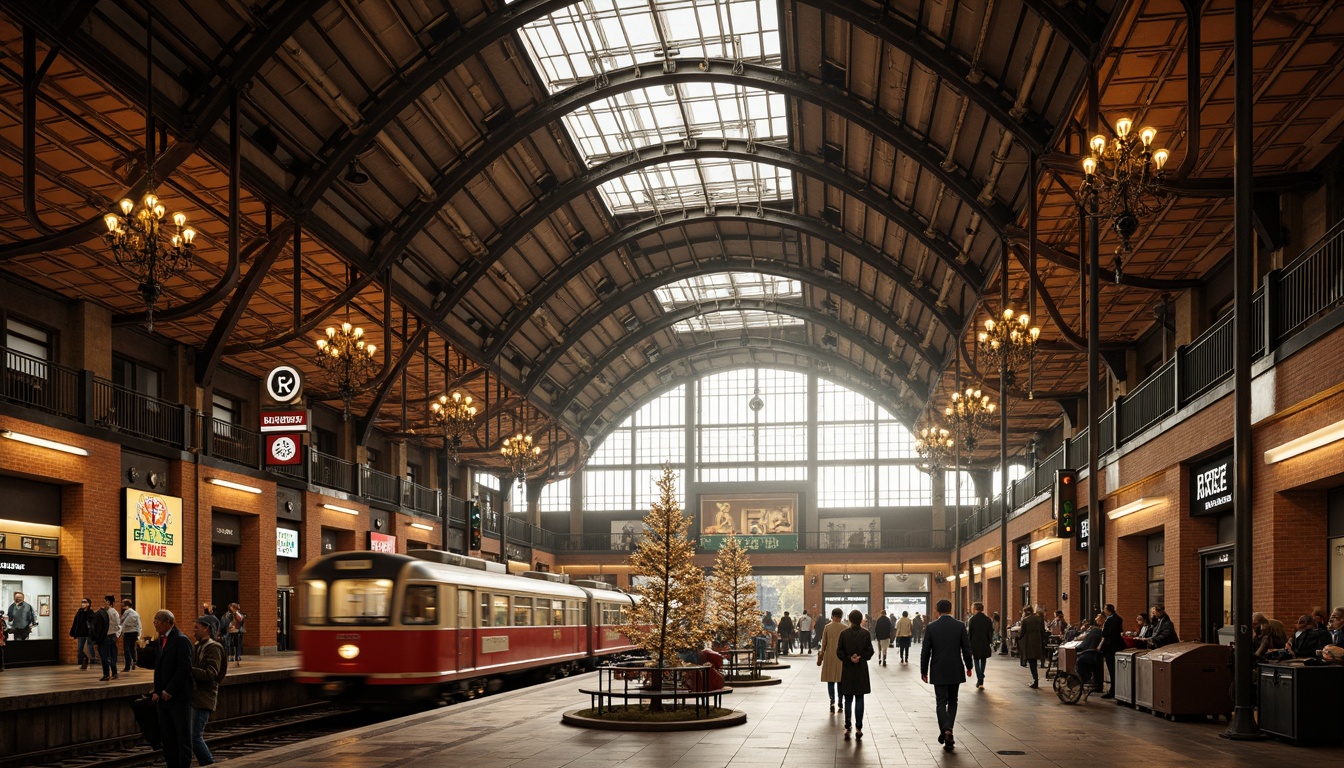 Prompt: Vibrant train station, Expressionist architecture, grandiose high ceilings, intricate metalwork, ornate chandeliers, warm golden lighting, soft diffused glow, dramatic shadows, industrial steel beams, riveted columns, vintage luggage carts, distressed brick walls, nostalgic railway signs, bustling passenger activity, morning rush hour atmosphere, natural daylight pouring in, overhead skylights, LED strip lights, colorful neon signage, futuristic digital displays, dynamic kinetic installations, ambient soundscape, 1/2 composition, shallow depth of field, cinematic lighting.