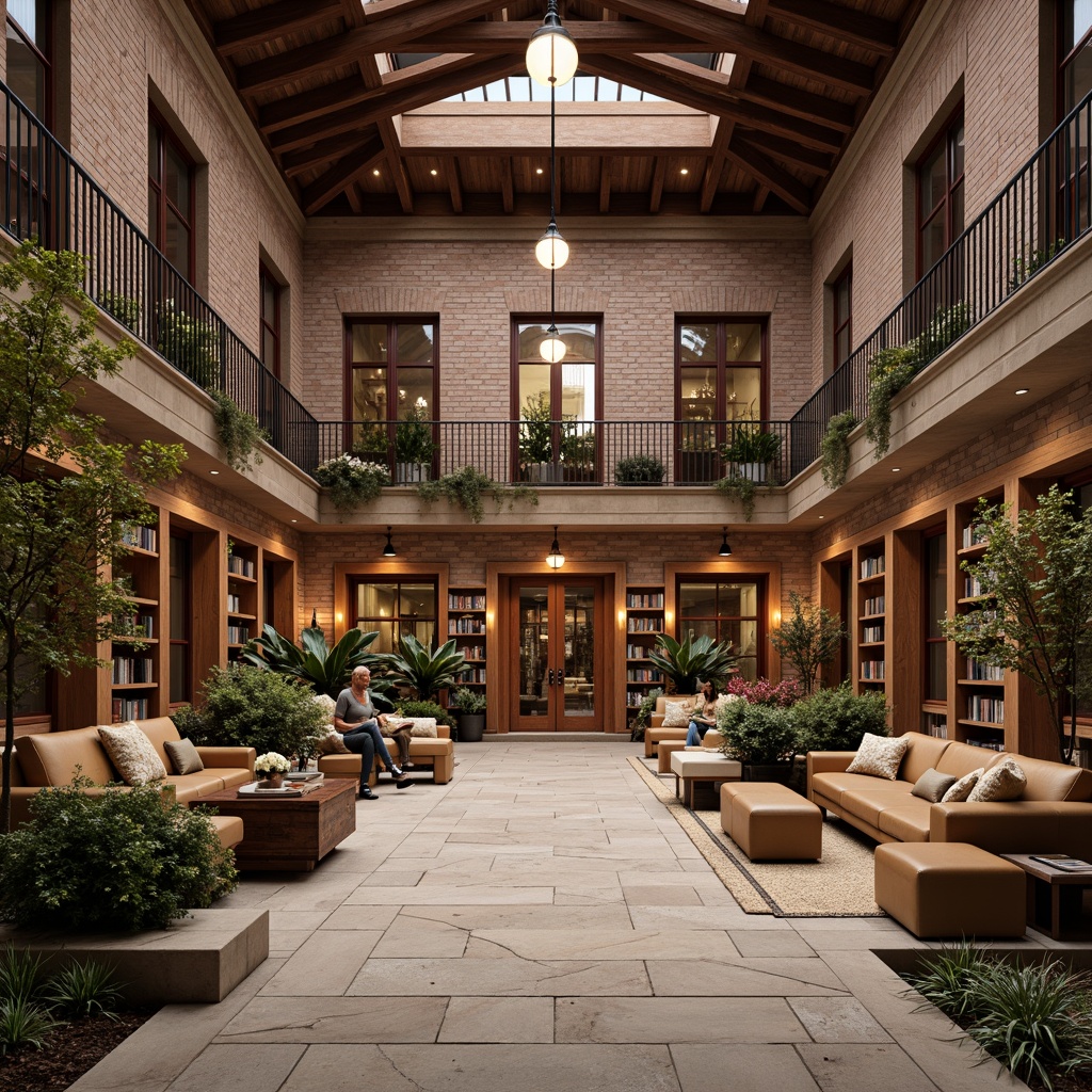 Prompt: Traditional brick fa\u00e7ade, classic columns, ornate details, wooden doors, stained glass windows, cozy reading nooks, warm beige carpets, comfortable sofas, natural stone flooring, earthy color palette, soft warm lighting, rustic wooden furniture, leather-bound books, vintage-inspired decor, elegant chandeliers, sophisticated atmosphere, serene courtyard, lush greenery, blooming flowers, tranquil water features, peaceful ambiance, harmonious color scheme, 1/1 composition, shallow depth of field, realistic textures.