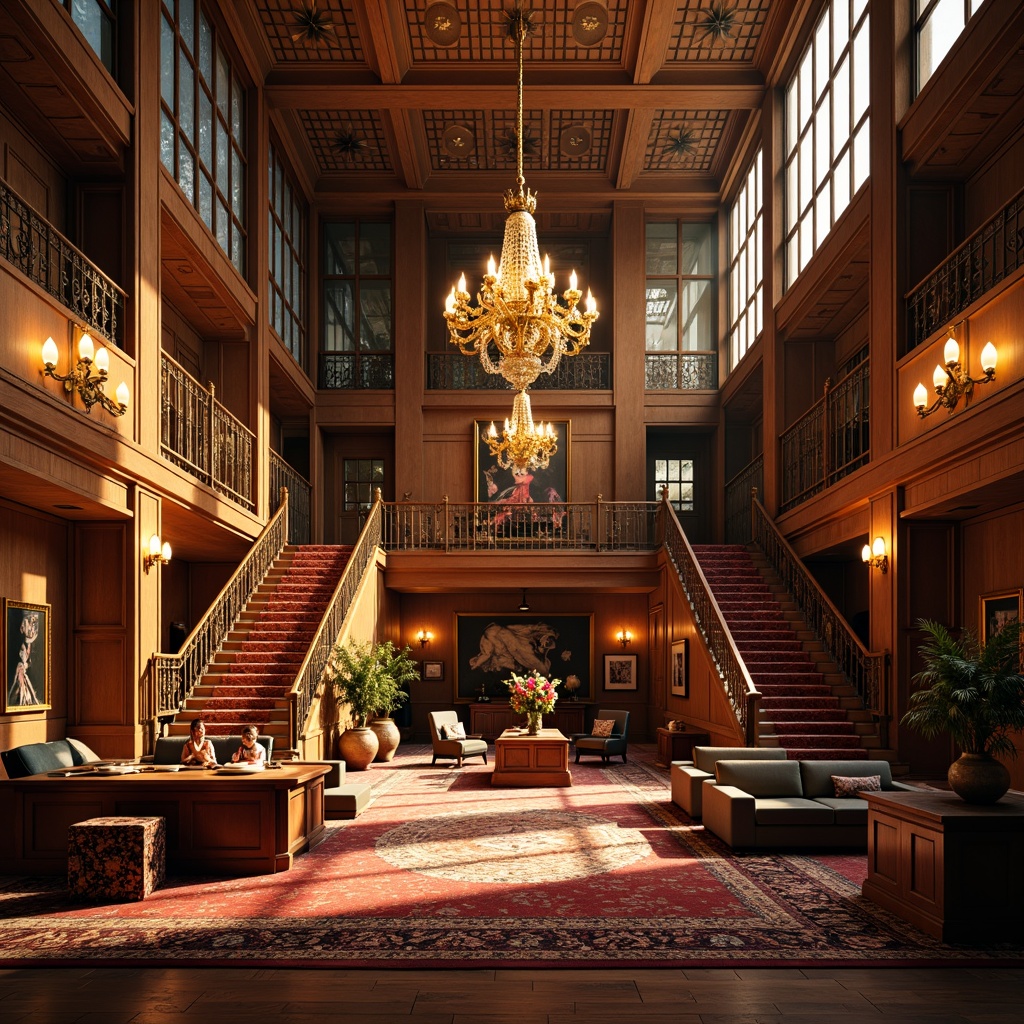 Prompt: \Dramatic university interior, expressionist architecture, warm golden lighting, ornate chandeliers, grand staircases, luxurious velvet fabrics, rich wood paneling, intricate moldings, vibrant colorful artwork, eclectic furniture, abstract sculptures, dynamic shadows, high contrast ratio, 1/2 composition, wide-angle lens, soft focus blur, ambient occlusion.\