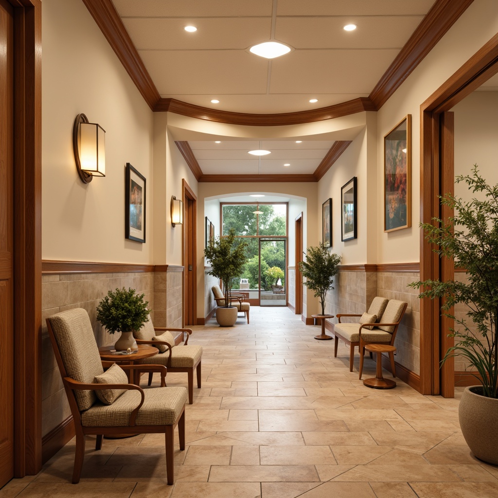 Prompt: Warm beige walls, natural stone accents, wooden trim details, earthy terracotta tiles, soft pastel colors, calming atmosphere, traditional healthcare center design, soothing waiting areas, comfortable seating, warm lighting fixtures, gentle curves, ornate moldings, decorative ceilings, luxurious fabrics, subtle patterns, inviting corridors, peaceful ambiance, serene patient rooms, gentle color transitions, 3/4 composition, shallow depth of field, warm softbox lighting.