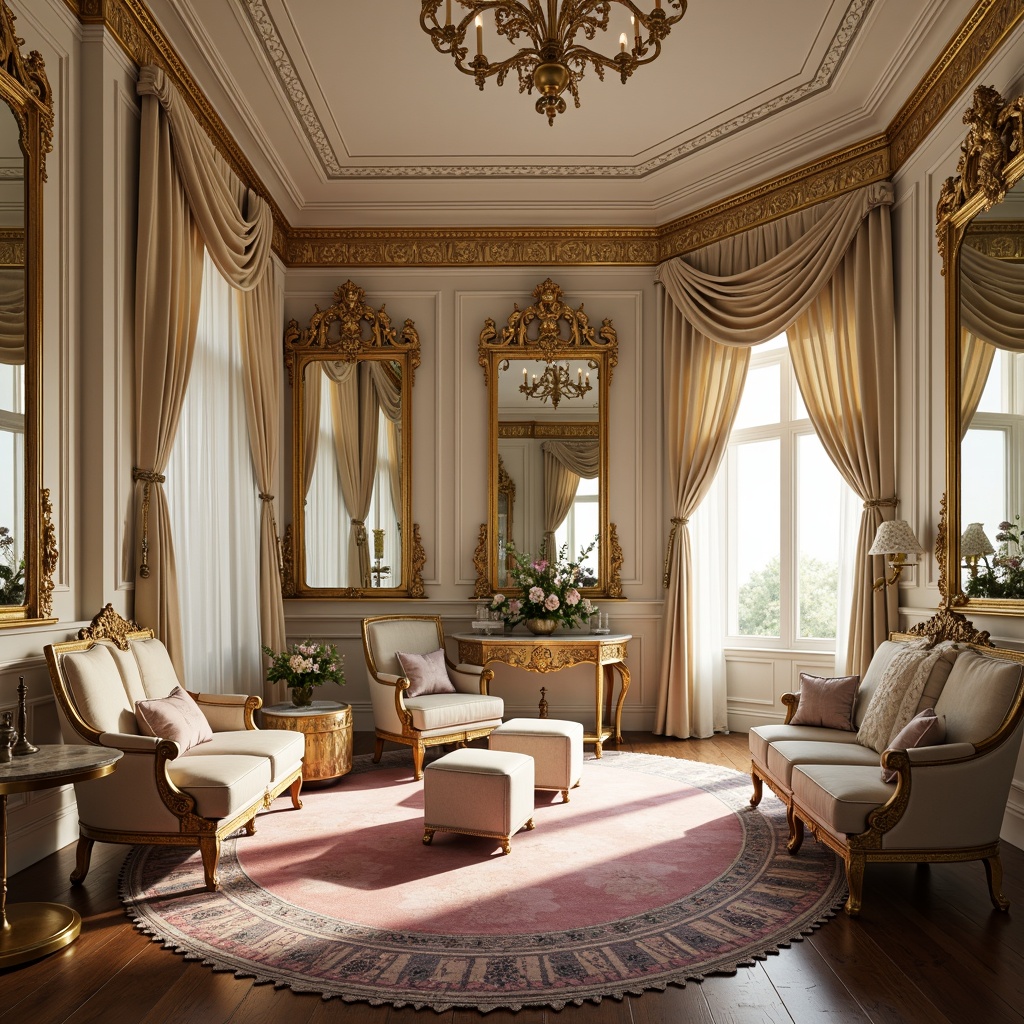 Prompt: Opulent Rococo interior, lavish gold accents, soft creamy whites, delicate pastel hues, rich jewel-toned velvets, ornate mirrors, intricate carvings, gilded moldings, luxurious silk fabrics, subtle sheen, warm candlelight, 3/4 composition, shallow depth of field, atmospheric perspective, realistic textures, ambient occlusion.