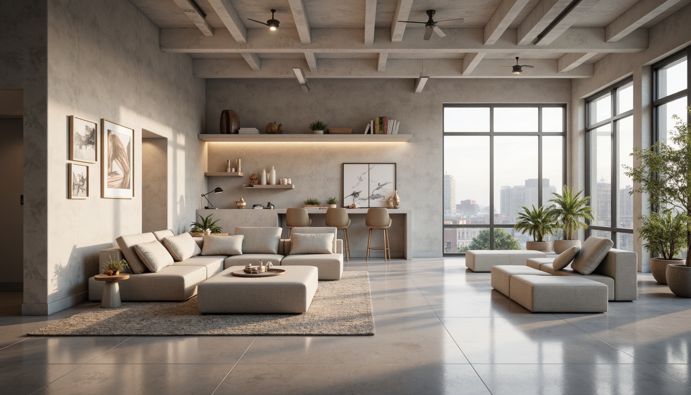 Prompt: Monochromatic modern interior, sleek lines, minimalist decor, neutral color scheme, creamy whites, soft grays, taupe accents, matte finishes, industrial chic, exposed brick walls, polished concrete floors, geometric patterns, subtle textures, ambient lighting, warm LED illumination, shallow depth of field, 1/1 composition, realistic renderings, atmospheric fog effect.