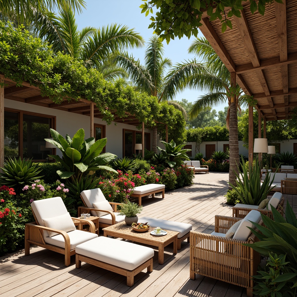 Prompt: Tropical paradise, lush greenery, vibrant flowers, rattan furniture, woven textiles, natural materials, wooden accents, wicker lanterns, pendant lamps, glass shades, coastal vibes, beachy feel, warm sunny day, soft gentle lighting, ambient glow, 1/1 composition, realistic textures, subtle color palette, organic shapes, earthy tones.Please let me know if this meets your requirements!