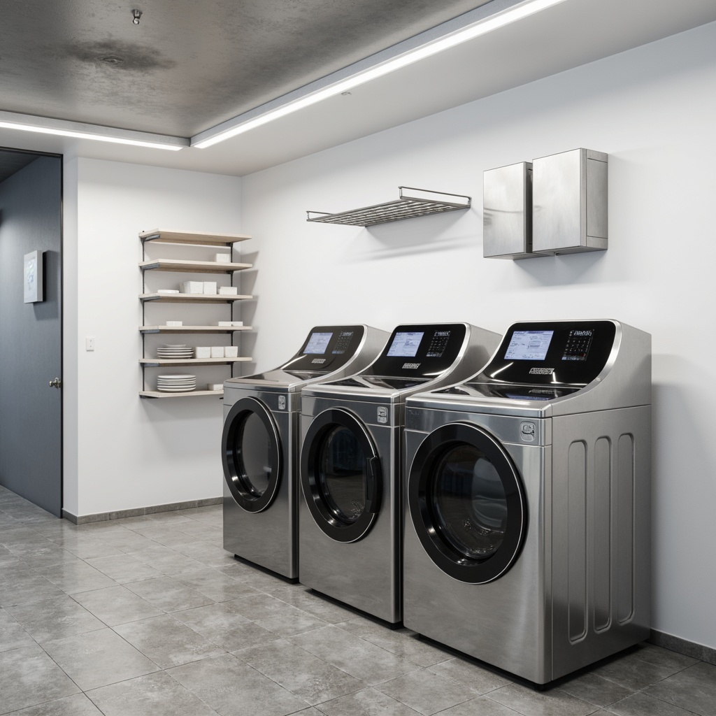 Prompt: Sleek laundry machines, minimalist metal exteriors, futuristic touch screens, compact folding spaces, ergonomic design, soft LED lighting, calming white tones, polished concrete floors, modern simplicity, functional shelving units, hidden storage compartments, wall-mounted drying racks, retractable ironing boards, automated fabric sorting systems, energy-efficient washing cycles, sustainable detergent dispensers, serene ambiance, shallow depth of field, 1/2 composition, panoramic view, realistic metallic reflections, ambient occlusion.