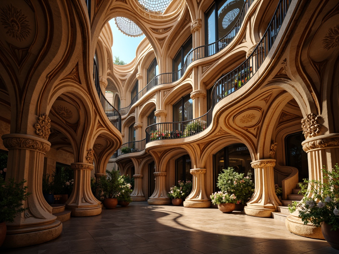 Prompt: Intricate ornate buildings, flowing curved lines, organic forms, botanical motifs, sinuous shapes, luxurious materials, opulent decorations, grand staircases, majestic chandeliers, stained glass windows, whimsical patterns, warm golden lighting, soft focus, shallow depth of field, 1/2 composition, atmospheric perspective, dramatic shadows.