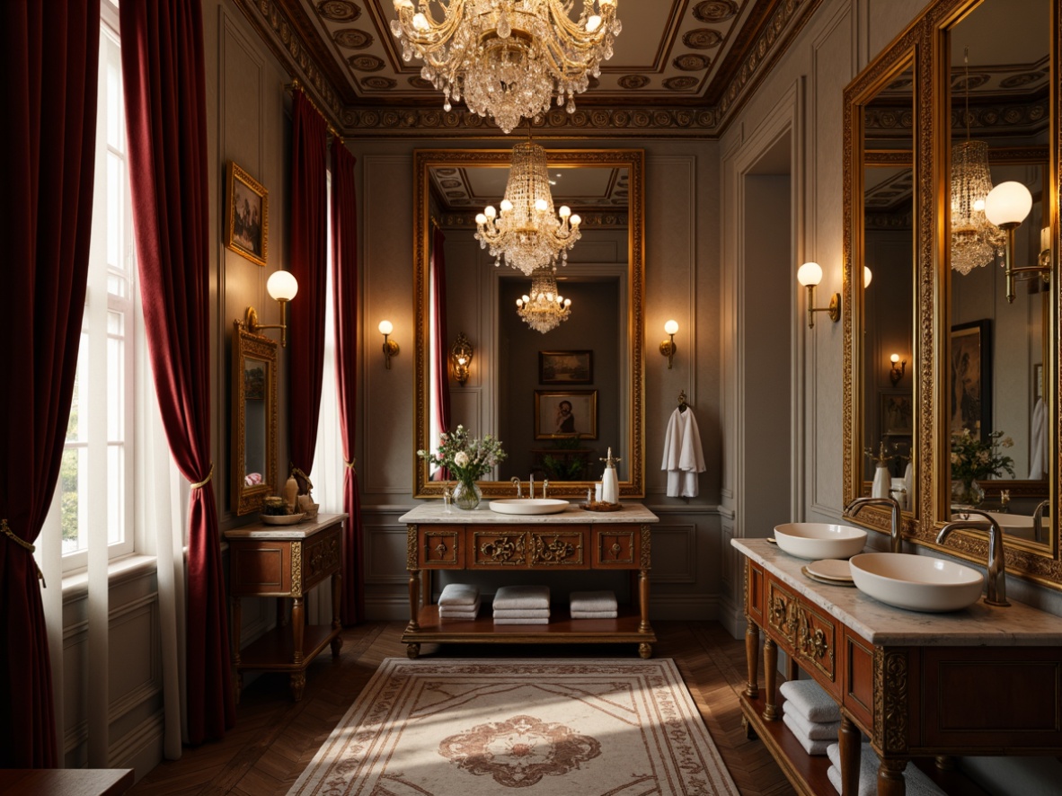 Prompt: Antique powder room, ornate mirrors, crystal chandeliers, velvet drapes, marble countertops, porcelain sink basins, golden faucets, intricate carvings, luxurious fabrics, soft warm lighting, shallow depth of field, 1/2 composition, intimate atmosphere, realistic textures, ambient occlusion, elegant freestanding vanities, carved wooden cabinets, ornate metal hardware, subtle color palette, delicate patterns.