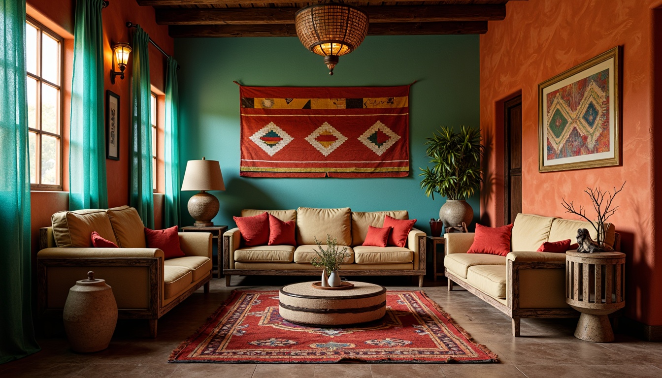 Prompt: Vibrant turquoise accents, earthy terracotta tones, woven Navajo-inspired patterns, plush wool rugs, rustic wooden furniture, natural fiber textiles, geometric Aztec motifs, bold colorful stripes, distressed leather upholstery, ornate metalwork details, warm desert sunset hues, ambient candlelight, 3/4 composition, shallow depth of field, realistic textures.