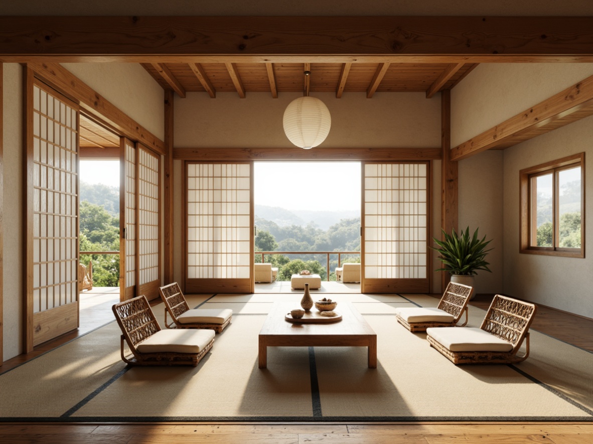 Prompt: Minimalist tatami room, shoji screens, sliding doors, natural wood accents, paper lanterns, low-seating furniture, woven bamboo chairs, intricately carved wooden cabinets, subtle textiles, neutral color palette, organic shapes, serene ambiance, warm soft lighting, shallow depth of field, 1/2 composition, cinematic angle, realistic wood grains, ambient occlusion.