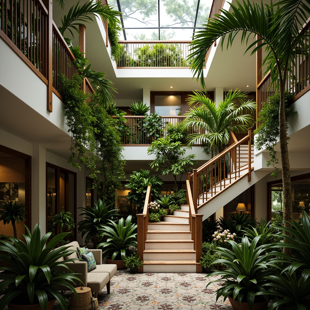 Prompt: Tropical staircase, lush greenery, exotic plants, natural wood railings, sleek metal handrails, vibrant flower arrangements, soft warm lighting, shallow depth of field, 3/4 composition, panoramic view, realistic textures, ambient occlusion, stairway landings, potted palm trees, hanging vines, floral patterns, colorful ceramic tiles, moisture-resistant materials, eco-friendly design, sustainable building practices, airy open spaces, natural ventilation systems.