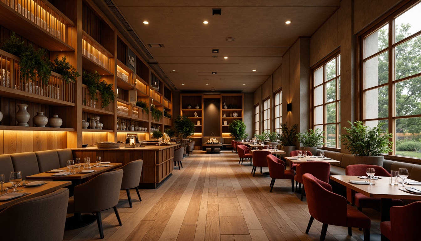 Prompt: Elegant dining space, warm wooden flooring, rich walnut tables, comfortable velvet chairs, soft golden lighting, luxurious marble countertops, metallic accents, sophisticated glassware, crisp white linens, refined silverware, lush greenery, natural stone walls, earthy color palette, cozy atmosphere, shallow depth of field, 1/1 composition, realistic textures, ambient occlusion.