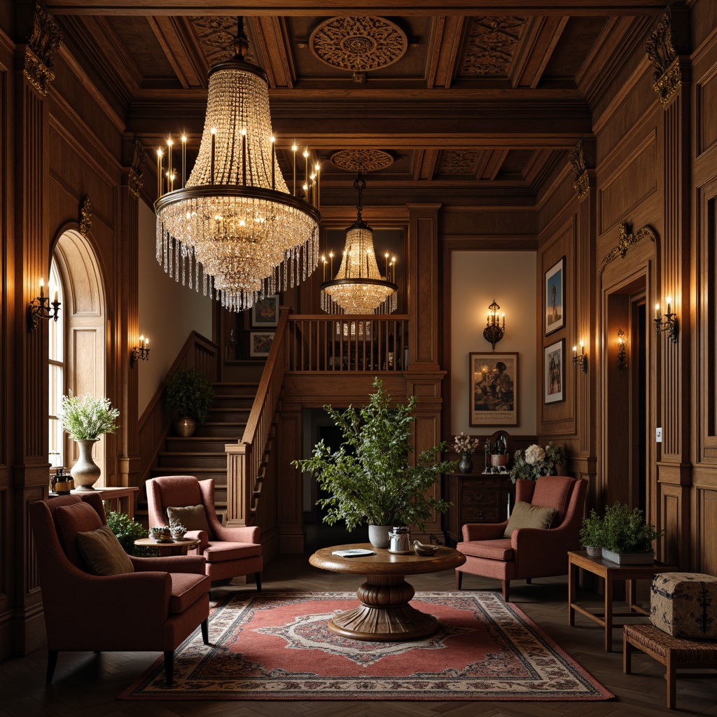 Prompt: Elegant chandeliers, ornate metalwork, crystal droplets, warm candlelight, classic lanterns, rustic wooden beams, distressed finishes, vintage fixtures, soft warm glow, traditional architectural details, opulent fabrics, rich wood tones, classic color palette, grand staircases, lavish furnishings, subtle ambient lighting, 1/1 composition, realistic textures, atmospheric rendering.