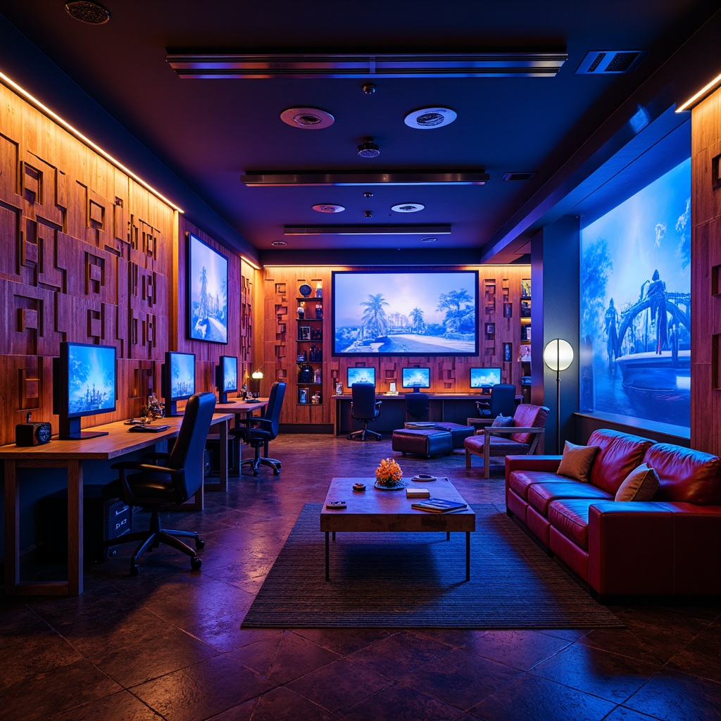 Prompt: Vibrant game room, bold neon colors, electric blue accents, warm golden lighting, rich wood tones, comfortable plush couches, sleek metal tables, high-tech gaming stations, futuristic LED lights, immersive virtual reality experience, cozy atmosphere, dramatic color contrasts, 3D visual effects, cinematic sound systems, dynamic wall art, abstract geometric patterns, modern minimalist design.