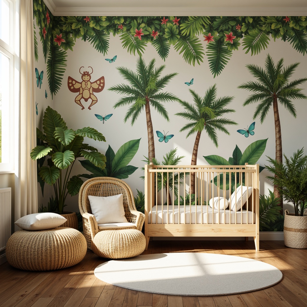 Prompt: Vibrant tropical baby room, exotic palm trees, colorful floral wallpaper, woven rattan furniture, soft pastel colors, natural wood accents, creamy white curtains, playful monkey decorations, whimsical butterfly wall art, lush greenery, delicate vines, warm sunny lighting, shallow depth of field, 1/1 composition, realistic textures, ambient occlusion.