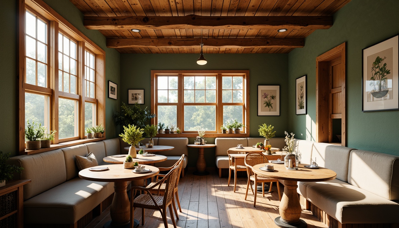 Prompt: Cozy breakfast nook, natural wood tones, plush cushions, curved banquettes, intimate seating areas, soft warm lighting, vintage decorative accents, farmhouse-style tables, woven wicker chairs, earthy color palette, greenery walls, botanical prints, rustic wooden beams, comfortable upholstered benches, circular pedestal tables, casual dining atmosphere, morning sunlight, subtle shadows, 3/4 composition, realistic textures.