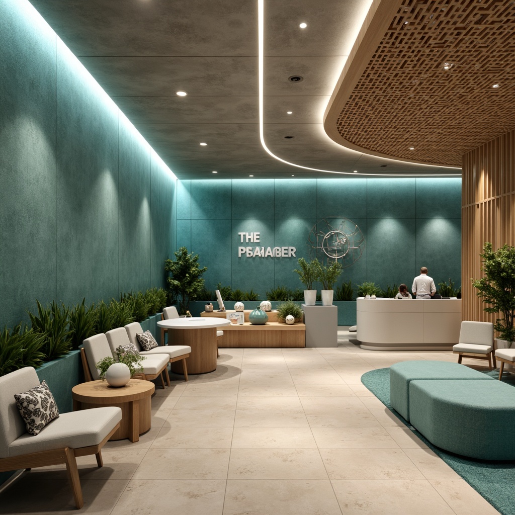 Prompt: Modern dental clinic interior, sleek glass partitions, minimalist decor, calming blue-green color scheme, textured concrete walls, geometric patterned wallpaper, 3D wooden panels, soft LED lighting, comfortable waiting area furniture, greenery installations, natural stone flooring, modern art pieces, abstract sculptures, gentle curves, warm beige tones, inviting reception desk, futuristic dental equipment displays.