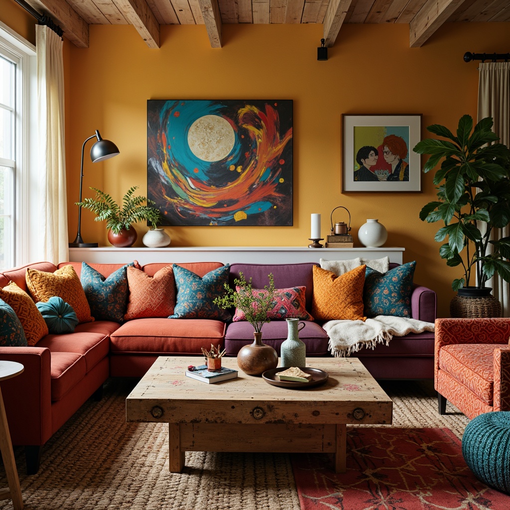 Prompt: Eclectic family room, vibrant color palette, mixed patterned textiles, plush throw pillows, Moroccan-inspired ottoman, distressed wood coffee table, industrial metal lamp, abstract art pieces, natural fiber rug, warm cozy ambiance, soft golden lighting, shallow depth of field, 3/4 composition, relaxed casual atmosphere.