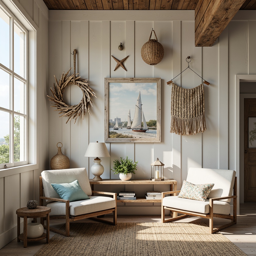 Prompt: Driftwood accents, sea-worn ropes, nautical flags, distressed wood furniture, ocean-inspired color palette, sandy beige tones, calming blues, crisp whites, shell-adorned decor, coral-patterned textiles, woven wicker chairs, natural fiber rugs, reclaimed wood walls, vintage marine lanterns, soft warm lighting, shallow depth of field, 1/1 composition, realistic textures, ambient occlusion.