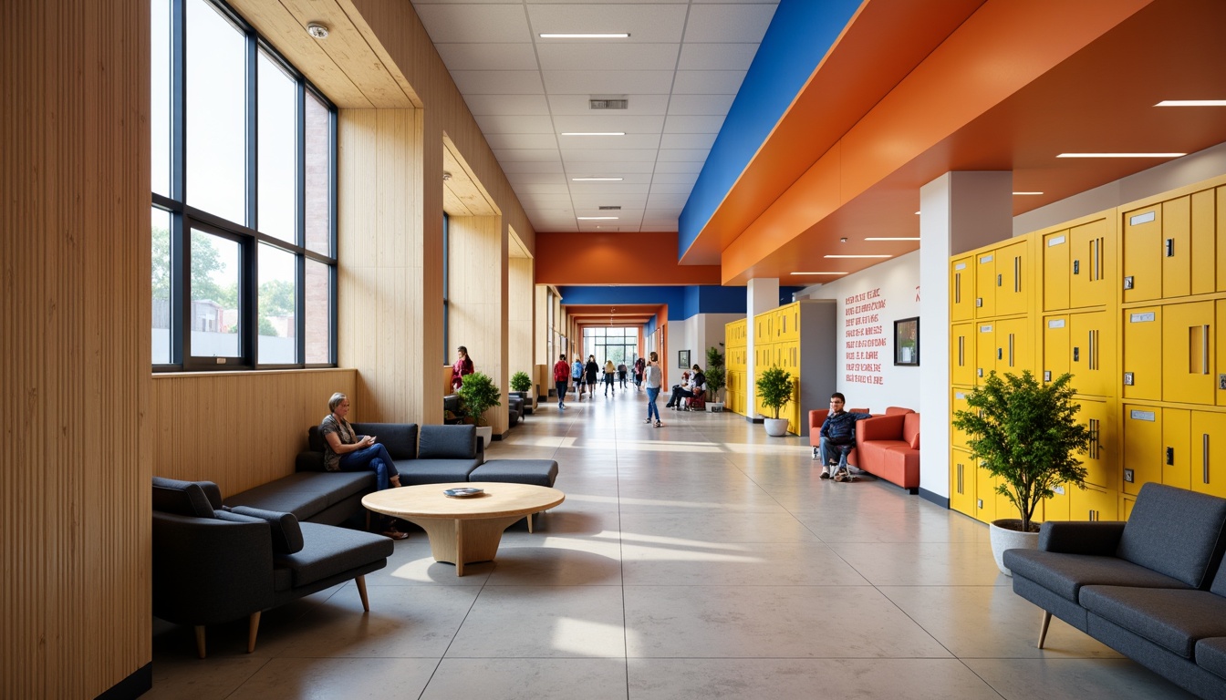 Prompt: Vibrant high school building, dynamic color palette, energetic orange accents, calming blue tones, neutral beige walls, bold yellow lockers, modern black furniture, sleek silver fixtures, natural wood textures, inspirational quote decals, collaborative open spaces, flexible modular seating, abundant natural light, warm soft lighting, shallow depth of field, 3/4 composition, realistic materials, ambient occlusion.