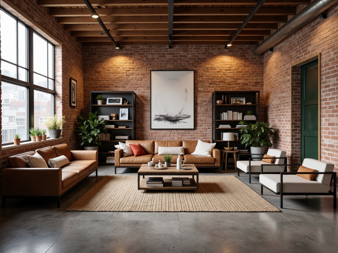 Prompt: Exposed brick walls, wooden beam ceilings, industrial metal accents, reclaimed wood furniture, vintage decorative items, distressed leather sofas, metal frame chairs, rustic coffee tables, Edison bulb lighting, minimalist decor, urban loft atmosphere, warm neutral color palette, natural textiles, abstract artwork, eclectic accessories, functional storage units, modern minimalist shelving systems, cozy reading nooks, soft industrial lighting, shallow depth of field, 3/4 composition, realistic textures, ambient occlusion.