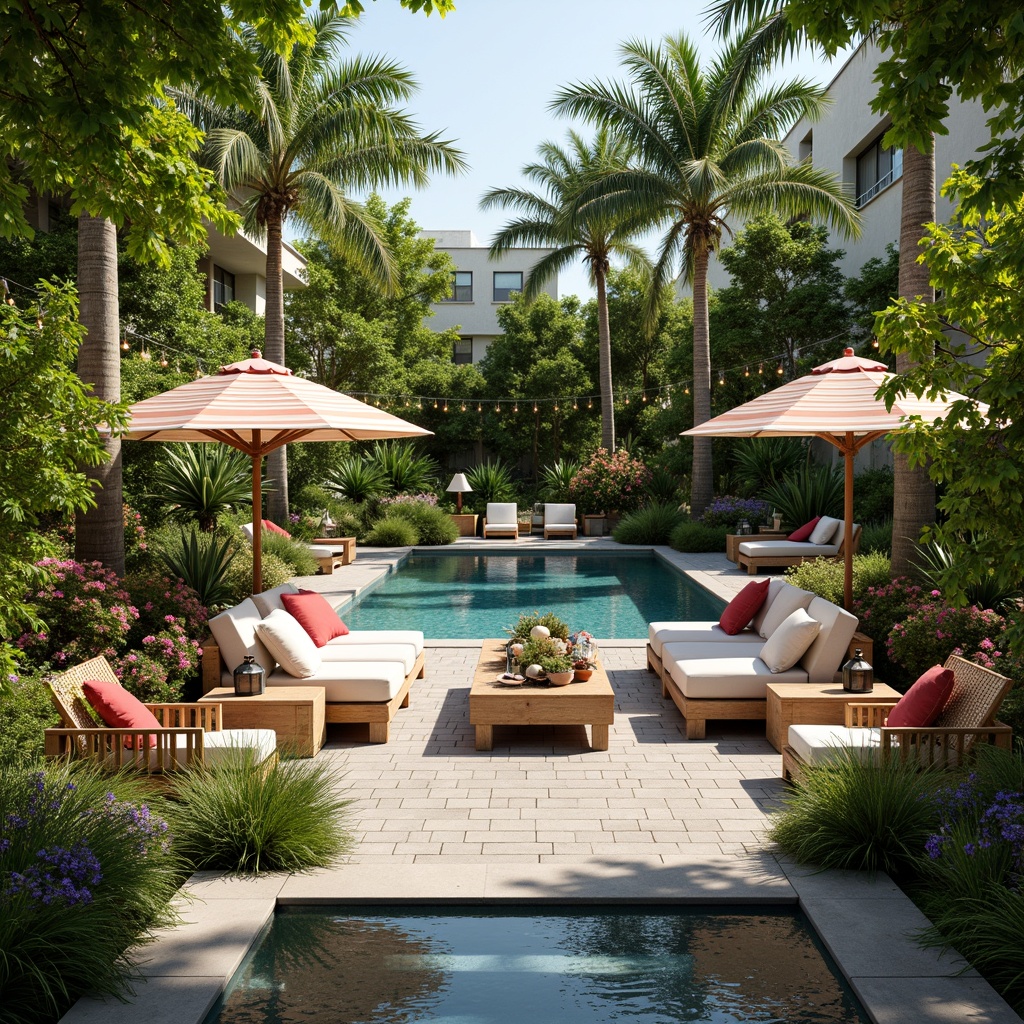 Prompt: Tropical poolside oasis, lush greenery, vibrant flowers, comfortable outdoor sofas, colorful striped umbrellas, rustic wooden tables, woven rattan chairs, refreshing water features, natural stone paving, modern lanterns, ambient string lights, warm sunny day, soft gentle breeze, shallow depth of field, 1/2 composition, realistic textures, subtle water reflections.