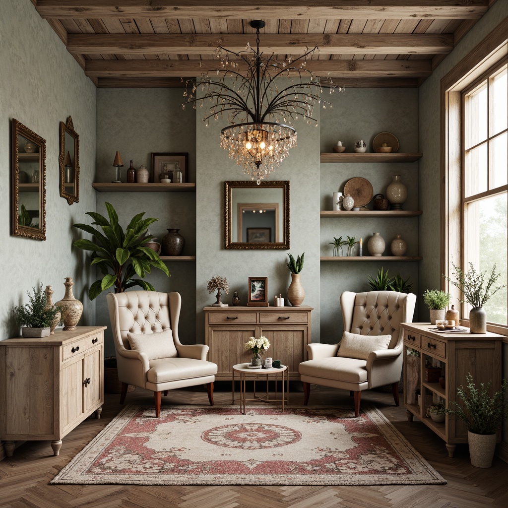 Prompt: Distressed wood furniture, vintage metal decorations, soft pastel hues, floral patterns, lace trimmings, ornate mirrors, crystal chandeliers, plush area rugs, feminine curves, eclectic accessories, worn leather armchairs, antique collectibles, natural textiles, rustic wooden shelves, distressed finishes, warm candlelight, soft focus, 1/1 composition, intimate atmosphere, realistic render.