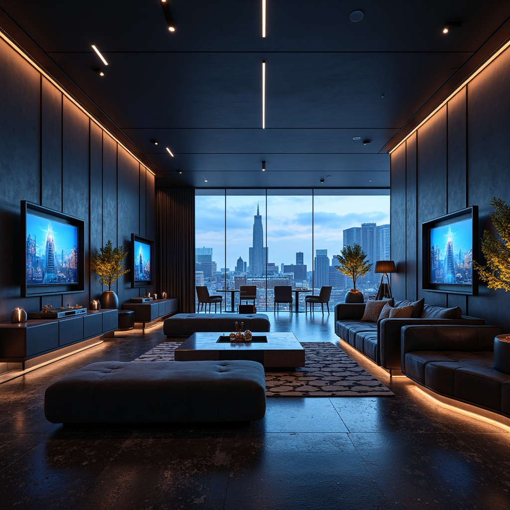 Prompt: Streamlined game room, modern minimalist decor, sleek low-profile furniture, curved lines, monochromatic color scheme, ambient LED lighting, metallic accents, velvety sofas, geometric-patterned rugs, futuristic gaming stations, 3D TVs, virtual reality headsets, high-tech sound systems, acoustic panels, floor-to-ceiling windows, cityscape views, panoramic screens, cinematic camera angles, shallow depth of field, realistic textures, advanced normal mapping.