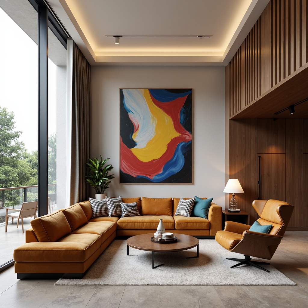 Prompt: Elegant living room, luxurious sofa, plush velvet upholstery, wooden coffee table, minimalist decor, floor-to-ceiling windows, natural daylight, soft warm lighting, 1/1 composition, realistic textures, ambient occlusion; Modern armchair, sleek metal legs, ergonomic design, vibrant colorful throw pillows, abstract artwork, geometric patterns, high-gloss finish, polished wood accents, subtle ambient glow.