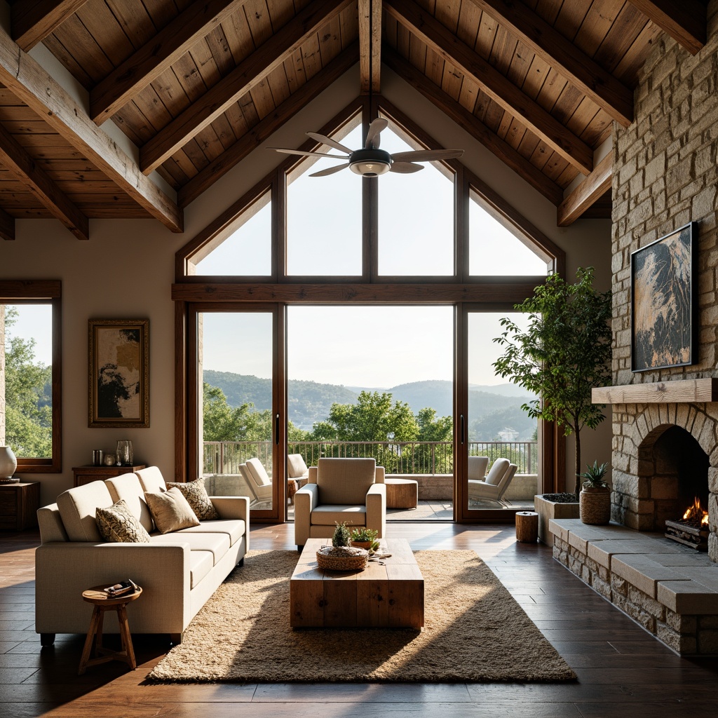 Prompt: Rustic farmhouse, open floor plan, high ceilings, exposed wooden beams, natural stone walls, reclaimed wood flooring, cozy fireplace, plush furnishings, vintage decorations, lush greenery, sliding glass doors, panoramic views, rolling hills, countryside landscape, warm sunny day, soft diffused lighting, shallow depth of field, 1/2 composition, realistic textures, ambient occlusion.