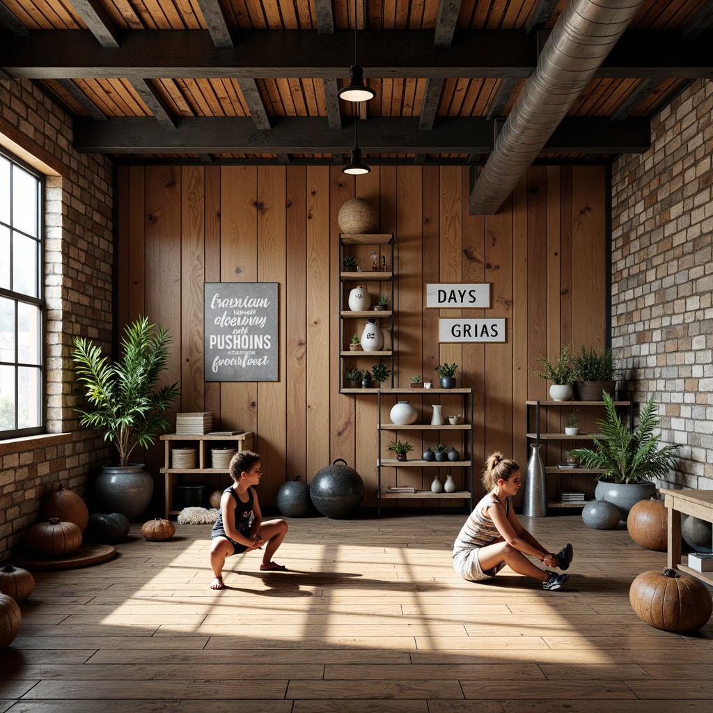 Prompt: Rustic home gym, distressed wood accent walls, industrial-chic metal beams, reclaimed wooden floors, vintage sports equipment, motivational quotes, natural stone feature walls, earthy color palette, soft warm lighting, shallow depth of field, 1/2 composition, realistic textures, ambient occlusion.