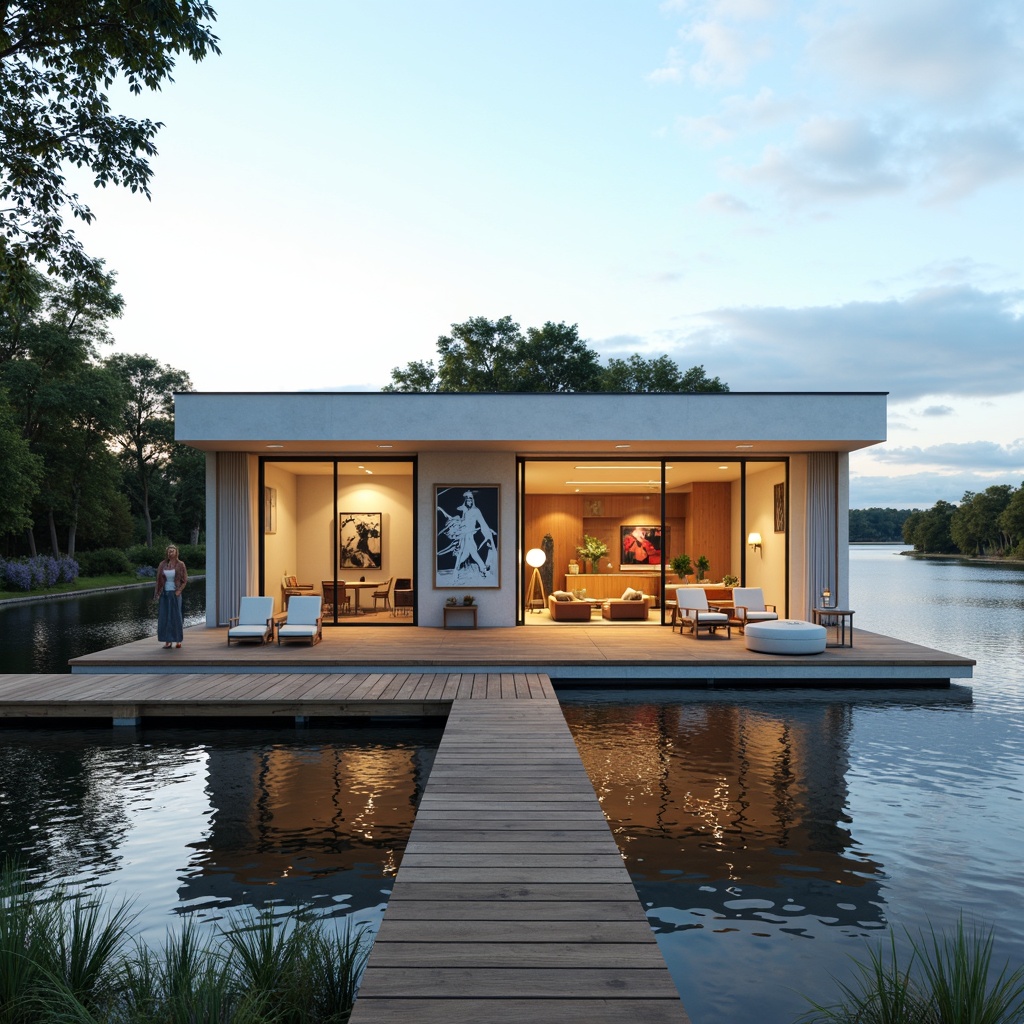 Prompt: Waterfront location, serene lake views, wooden dock, minimalist boathouse design, Bauhaus-inspired architecture, clean lines, rectangular shapes, large windows, sliding glass doors, natural wood accents, industrial metal beams, open floor plan, airy atmosphere, plenty of natural light, modern furniture pieces, nautical decorative elements, abstract artwork, bold color schemes, warm cozy textures, soft diffused lighting, shallow depth of field, 1/1 composition, symmetrical framing, realistic water reflections.