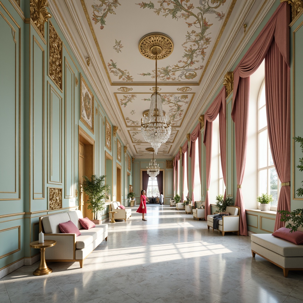 Prompt: Luxurious Rococo palace, soft gold accents, creamy whites, pastel pinks, powder blues, minty freshness, intricate ornate details, curved lines, ornamental flourishes, velvet drapes, crystal chandeliers, marble floors, lavish furnishings, rich tapestries, warm candlelight, shallow depth of field, 1/1 composition, realistic textures, ambient occlusion.