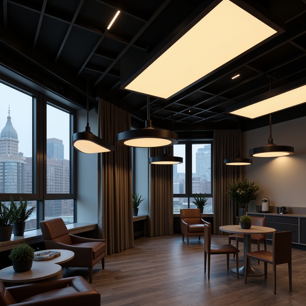 Prompt: Modern interior, sleek light fixtures, minimalist design, matte black finishes, warm ambient lighting, soft LED strips, futuristic chandeliers, geometric shapes, metallic accents, polished chrome details, floor-to-ceiling windows, natural daylight, subtle shadows, atmospheric mood, 1/1 composition, shallow depth of field, realistic reflections, ambient occlusion.