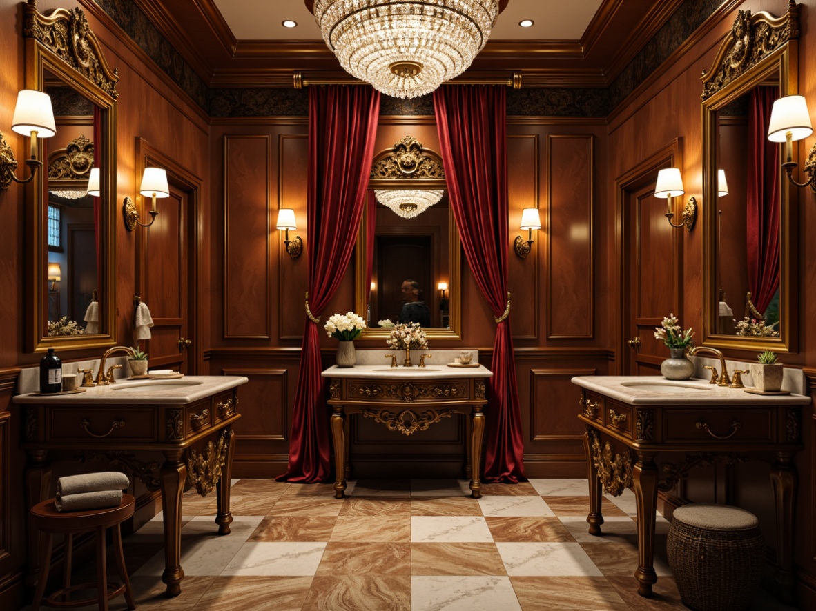 Prompt: Luxurious traditional powder room, ornate mirrors, antique furniture, rich wood tones, velvet drapes, crystal chandeliers, marble countertops, gold accents, soft warm lighting, shallow depth of field, 1/1 composition, intimate atmosphere, realistic textures, ambient occlusion, freestanding vanities, decorative wall sconces, intricate carvings, subtle patterns, elegant fixtures, classic faucet designs.