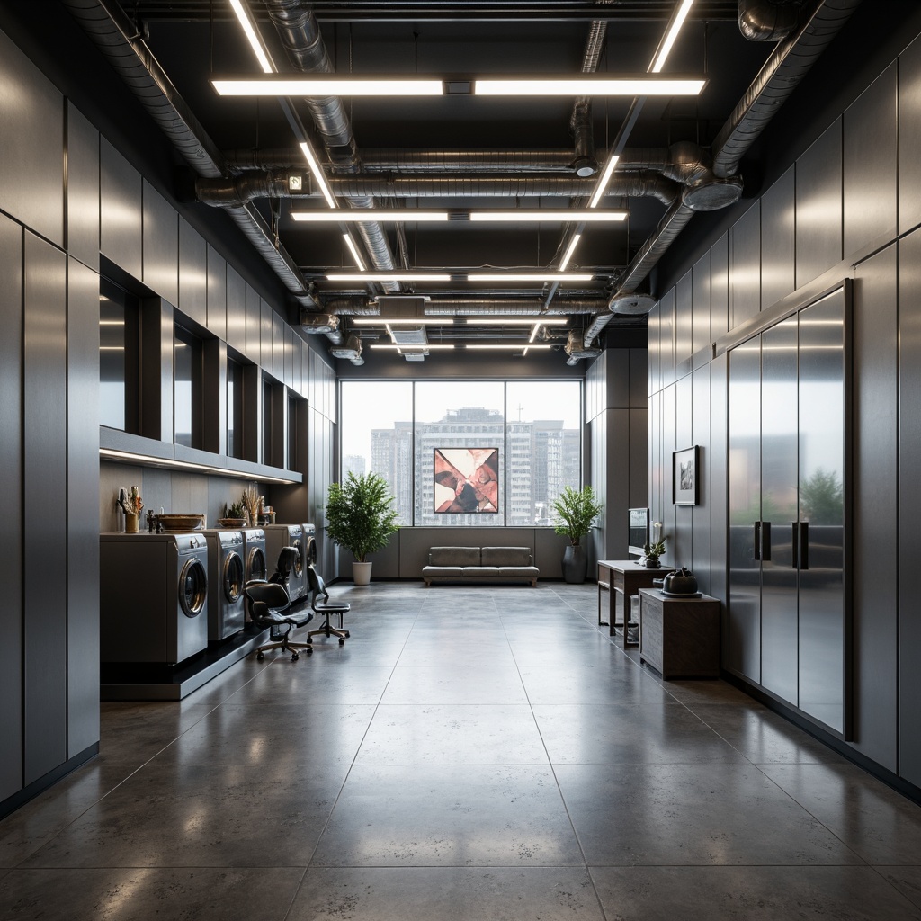 Prompt: Futuristic laundry room, sleek metallic surfaces, minimalist design, angular lines, monochromatic color scheme, stainless steel appliances, LED lighting strips, polished concrete floors, industrial-style pipes, modern ergonomic chairs, geometric patterns, abstract artwork, ambient occlusion, shallow depth of field, 3/4 composition, panoramic view, realistic textures, soft warm lighting.