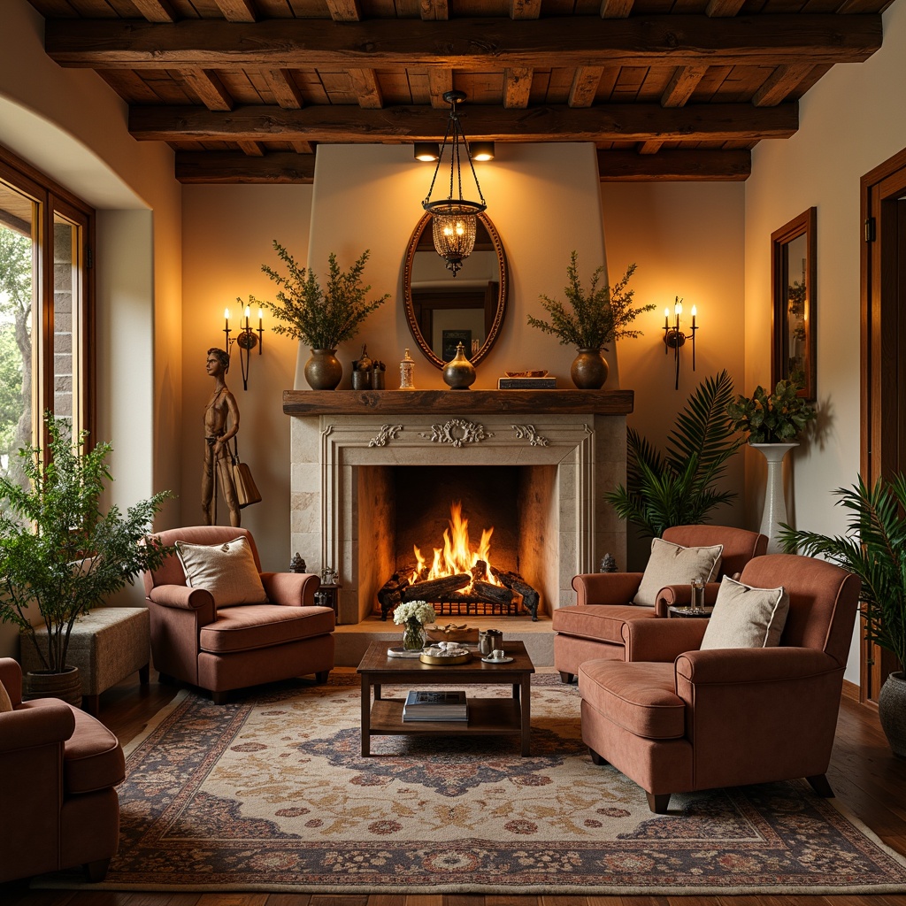 Prompt: Cozy traditional villa interior, rustic stone fireplace, wooden mantel, warm golden lighting, plush armchairs, rich velvet fabrics, intricate carvings, ornate mirrors, classic furniture pieces, luxurious rugs, soft cream colors, earthy tones, natural textures, elegant chandeliers, romantic ambiance, intimate seating areas, crackling fire sounds, aromatic scents, 1/2 composition, warm color palette, inviting atmosphere.