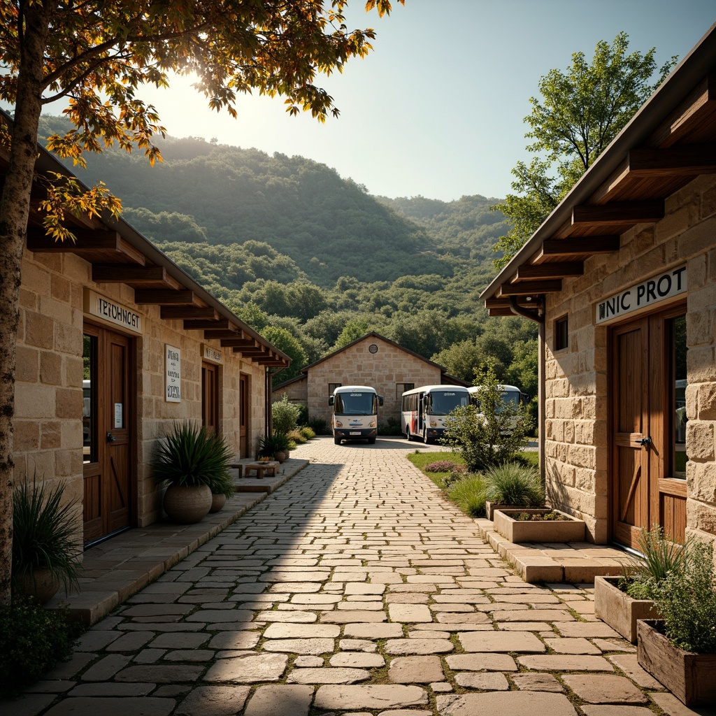 Prompt: Rustic farmhouse-style bus station, natural stone walls, wooden roofing, greenery surroundings, vintage buses, rural landscape, rolling hills, scenic countryside views, warm sunny day, soft golden lighting, shallow depth of field, 1/2 composition, realistic textures, ambient occlusion, earthy color palette, distressed wood accents, metal roofs, functional signage, comfortable waiting areas, wooden benches, lush planters.