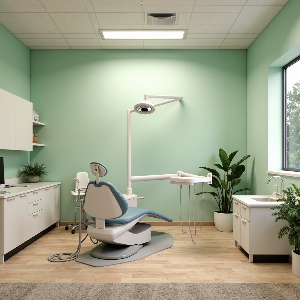 Prompt: Calm dental clinic interior, soft pastel colors, gentle mint green walls, creamy white furniture, warm beige flooring, soothing blue accents, natural wood textures, subtle patterned carpets, minimalist decor, modern sleek equipment, gentle LED lighting, shallow depth of field, 1/1 composition, realistic renderings, ambient occlusion.