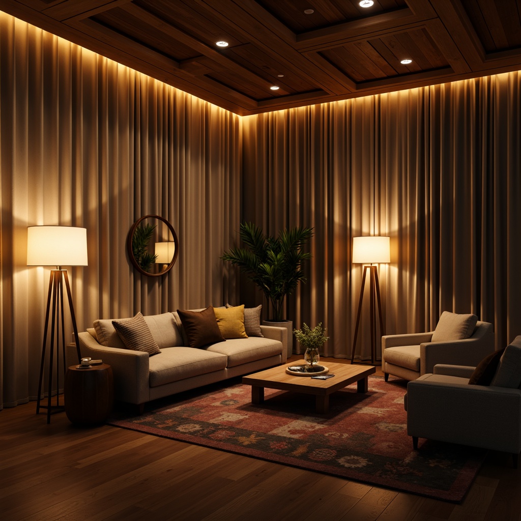 Prompt: Modern living room, warm atmosphere, cozy furniture, floor lamps, table lamps, pendant lights, LED strip lights, soft warm glow, gentle shadows, rich wood tones, plush carpeting, comfortable seating, elegant decor, natural daylight, sheer curtains, ambient lighting, 1/1 composition, soft focus, realistic textures.