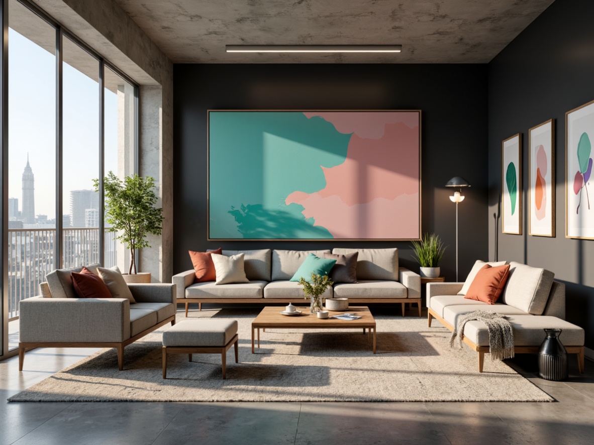 Prompt: Vibrant living room, bold accent walls, rich charcoal grey, warm beige, soft blush pink, deep turquoise accents, sleek low-profile furniture, minimalist decor, industrial metal lighting fixtures, polished concrete floors, urban cityscape views, floor-to-ceiling windows, natural daylight pouring in, subtle gradient color transitions, 1/1 composition, cinematic lighting effects, realistic textures, ambient occlusion.