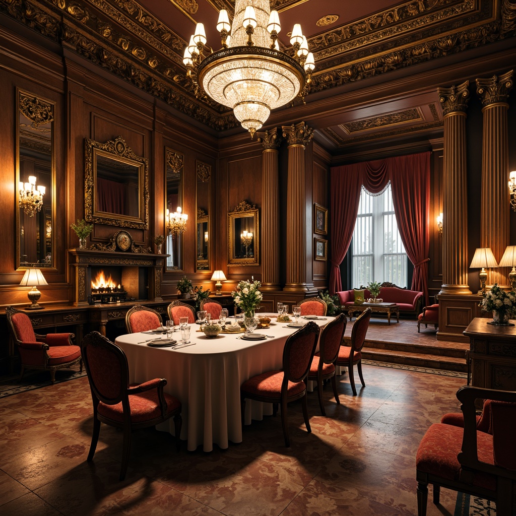 Prompt: Richly ornate dining room, Renaissance-inspired furniture, intricately carved wooden chairs, velvet upholstered sofas, ornamental mirrors, crystal chandeliers, marble floors, grandiose fireplaces, golden accents, classical columns, luxurious textiles, warm candlelight, soft focus, 1/2 composition, atmospheric perspective, highly detailed ornaments, realistic wood grain, subtle color palette, elegant still life arrangements.