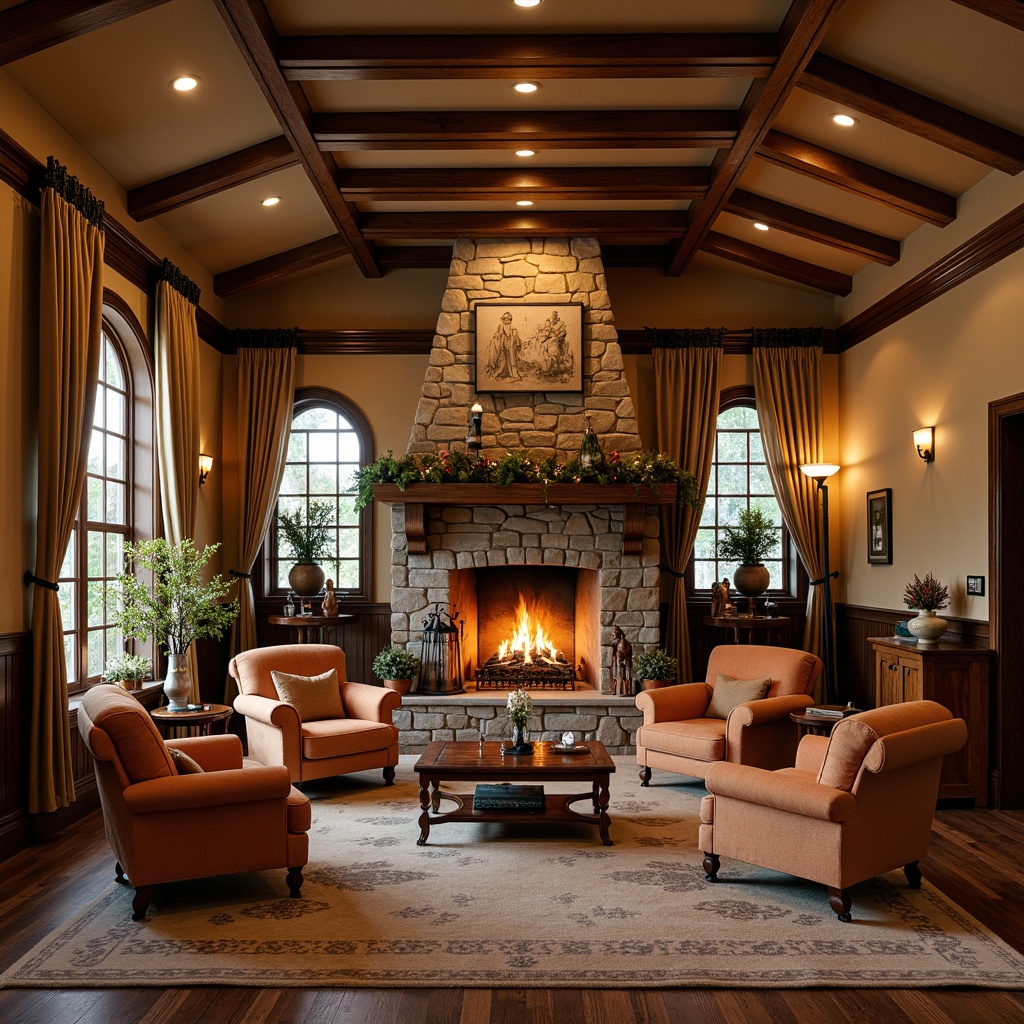 Prompt: Cozy traditional villa interior, grand stone fireplace, ornate wooden mantel, rustic brick surround, warm golden lighting, plush velvet armchairs, rich wood paneling, soft beige carpeting, vintage decorative accessories, intricate carvings, elegant archways, high ceilings, dramatic drapery, inviting conversation areas, warm earthy tones, comfortable seating arrangements, crackling fire sounds, festive holiday decorations.